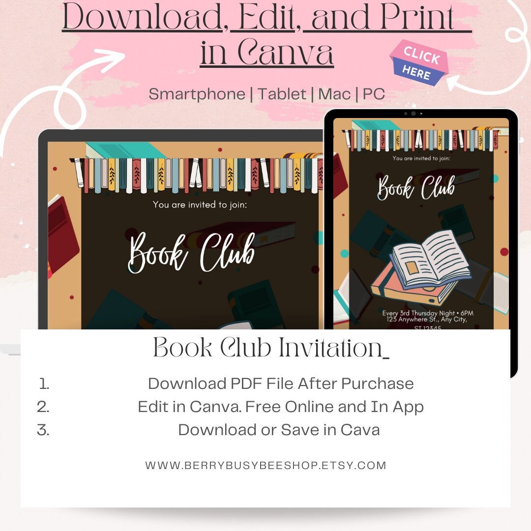 Editable Book Club Invitation and Flyer Template Canva - Etsy