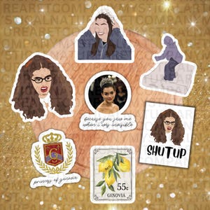 May include: A collection of seven stickers featuring various illustrations including a person with glasses, a person wearing a crown, a person on a block, a crest with the letter G, a lemon botanical print with the text 55c GENOVIA, and text.
