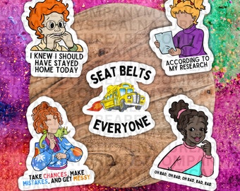 Stickers schoolbus kinderen, Dorothy, Arnold, sticker magische bus, fouten maken, rommelig worden, hagedis, magie, nostalgische tv-show, mevrouw Frizzle