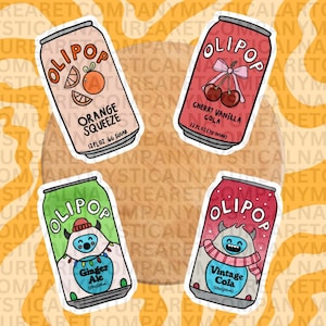May include: Four colorful stickers of Olipop soda cans. The stickers feature different flavors: Orange Squeeze, Cherry Vanilla Cola, Ginger Ale, and Vintage Cola. Each sticker has a unique illustration.