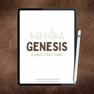 May include: A digital tablet displaying the title "GENESIS" in a large, dark brown font, with the subtitle "A BIBLE STUDY GUIDE." The tablet is accompanied by a white stylus. The background is a textured brown surface.