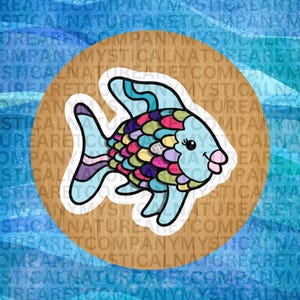 Pegatina de libro infantil con pez arcoíris, escamas con purpurina, pegatina de vinilo para libro infantil, pez azul, animales marinos bonitos, calcomanía impermeable para computadora portátil