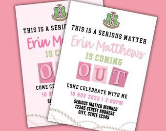 Invitation pour la révélation de son identité de sororité, Flyer rose et vert pour l'engagement des petites sœurs, Invitation numérique modifiable Canva, Annonce de succession