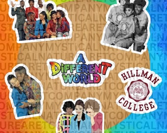 May include: A collection of stickers featuring scenes and logos from the television show A Different World. The set includes images of the cast, the Hillman College emblem, and the colorful A Different World logo on a gradient background.