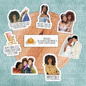 May include: A set of nine stickers featuring characters and quotes from the movie 'The Princess Diaries'. The stickers are printed on white paper with a glossy finish. The stickers feature the characters Mia Thermopolis, Clarisse Renaldi, and Joe. The quotes on the stickers include "That's the problem with most people: they dream about what they want to do instead of doing it." and "Impossible things are happening every day."