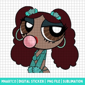 Schwarze Powerpuff Girl Sublimation, Digital Cartoon Sticker, Melanin Y2K Girl Aufkleber, Bubble Gum, Kawaii Girl Sticker, PPG, Puff Black Girl