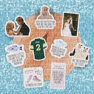 May include: A selection of stickers featuring diverse designs and text. Includes a green and yellow football jersey, a fish, a photo of a couple, and quotes such as "A Cinderella Story" and "Are we having a cat fight?"