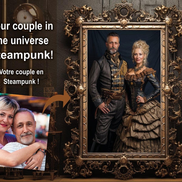 Portrait de Couple Personnalisé en Style - Mode Steampunk, cadeau couple, Cadeau Mariage, Homme et Femme en Steampunk