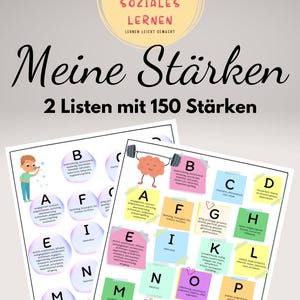 May include: Two educational posters titled "Meine Stärken" with the text "2 Lists with 150 Strengths." The posters feature colorful lettered sections with associated words. The top of the image has a logo with the text "SOZIALES LERNEN" and a lightbulb.