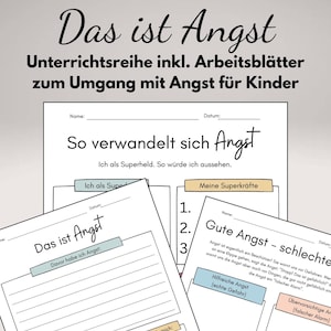 Könnte beinhalten: Eine Sammlung von Arbeitsblättern mit dem Titel "Das ist Angst" für Kinder, die ihnen helfen sollen, mit Angst umzugehen. Die Arbeitsblätter enthalten Aufforderungen und Übungen zur Erforschung und zum Verständnis von Gefühlen. Das Bild enthält die Website-Adresse soziales-lernen.com.