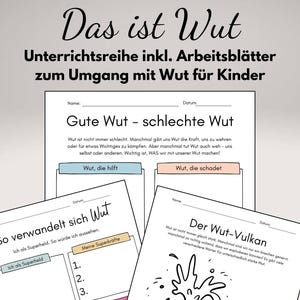 Puede incluir: Hojas de trabajo educativas en alemán para niños sobre el manejo de la ira. Las hojas de trabajo incluyen títulos como "Buena ira - Mala ira" y "El volcán de la ira."