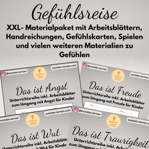 Könnte beinhalten: Eine Sammlung von Lehrmaterialien für Kinder, darunter Arbeitsblätter und Karten, die sich auf Emotionen konzentrieren. Die Materialien tragen den Titel "Gefühlsreise" und behandeln Themen wie Wut, Traurigkeit und Angst. Das Design ist hauptsächlich schwarz-weiß mit Farbakzenten.