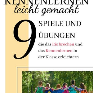 以下が含まれることがあります： 「KENNENLERNEN leicht gemacht」と「9 SPIELE UND ÜBUNGEN」のテキストが黒で書かれた本の表紙。子供たちが互いに腕を組んで歩いている写真と大きな数字の9が含まれています。