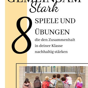 以下が含まれることがあります： ドイツ語のテキスト「GEMEINSAM Stark」と「SPIELE UND ÜBUNGEN」が書かれた本の表紙。表紙には、ランドセルを背負った子供たちが走っている写真が使われています。数字の8は黒色です。背景は白と黄色の混合です。