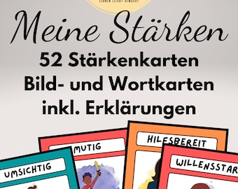 Puede incluir: Un póster educativo colorido con el texto "Meine Stärken" y "52 Stärkenkarten". La imagen incluye tarjetas ilustradas con palabras como "UMSICHTIG" y "MUTIG". El póster tiene un gráfico de bombilla y las palabras "SOZIALES LERNEN".