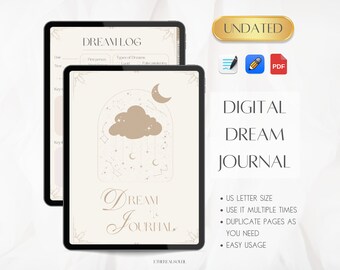 Peut inclure: Journal de rêve numérique avec un nuage beige et des étoiles sur un fond blanc. Le texte "DREAM JOURNAL" est écrit en cursive. Le journal est disponible en format lettre US et peut être dupliqué selon les besoins.