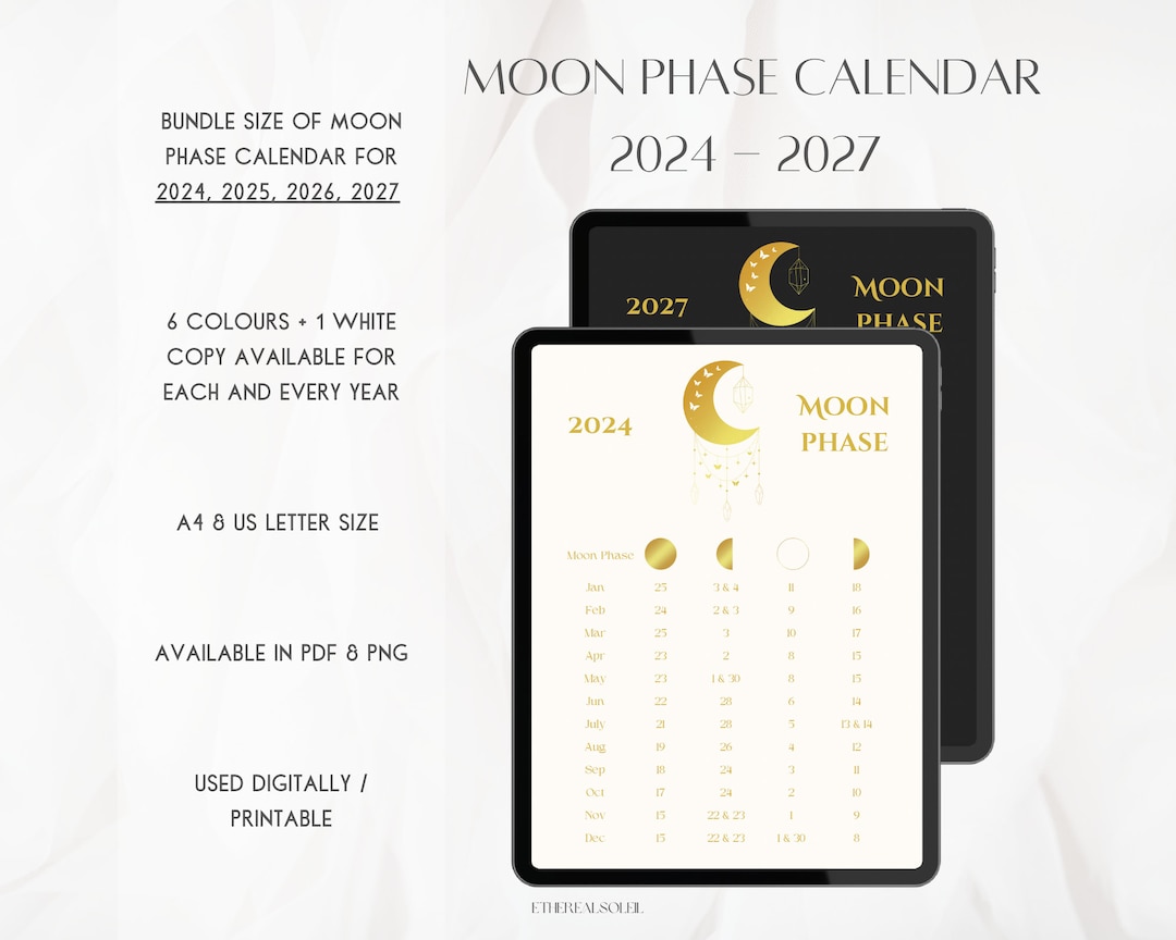 Moon Phase Calendar 2024, 2025, 2026, 2027, Lunar Calendar, Moonphases