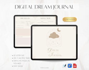 Peut inclure: Un modèle de journal de rêve numérique avec un fond beige et une illustration dorée de croissant de lune et de nuage. Le texte "Dream Journal" est écrit en cursive. Le modèle est conçu pour être utilisé avec une tablette ou un ordinateur. Le texte "UNDATED" est affiché dans un rectangle doré.