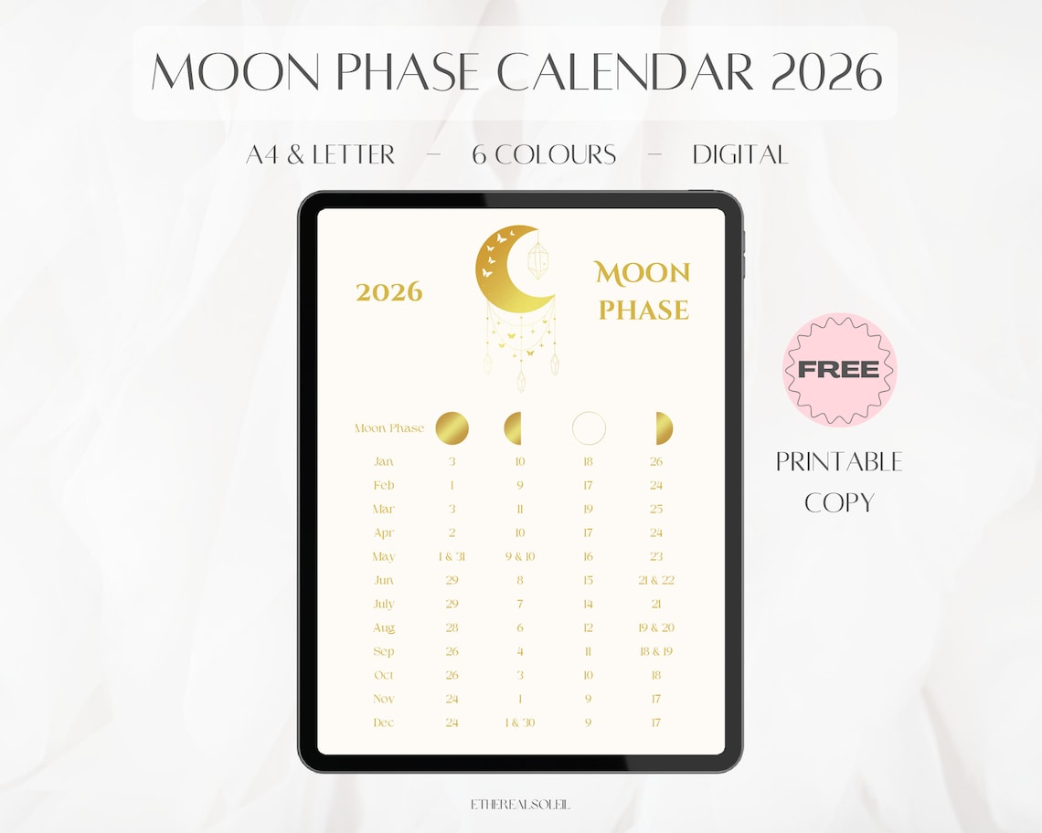 Moon Phase Calendar 2026, Lunar Calendar, Moonphases, Moonphase