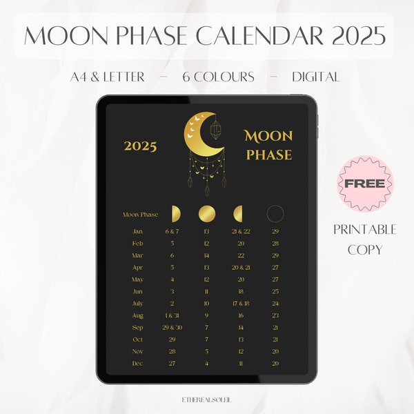 Printable Moonphase Calendar Etsy Canada