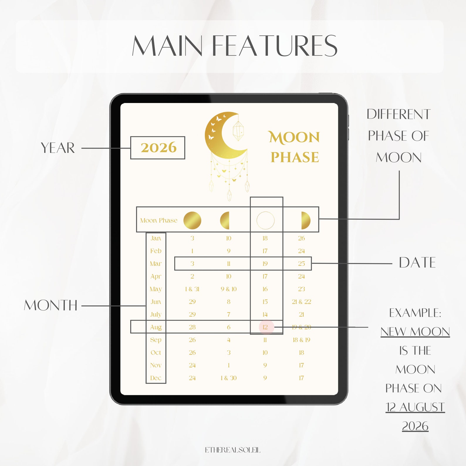 Moon Phase Calendar 2026, Lunar Calendar, Moonphases, Moonphase