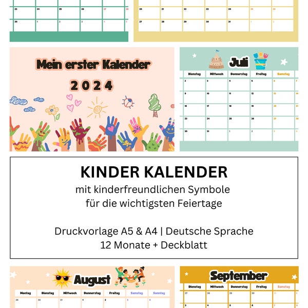 Kinderkalender 2024 deutsch mit Feiertagssymbolen