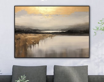 100%Original With a Sea View On Canvas Oil Paninting,Abstract Acrylic Seascape Wall Art, Gold Plated Sunset,Hand Painted White Sky Sea View