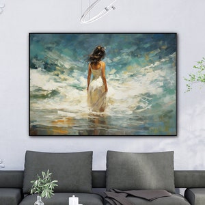 Abstract Woman in The White Dress Walking Towards The Ocean,Oil Painting On Canvas, Original Beach And Ocean Wall Decor,Living Room Wall Art