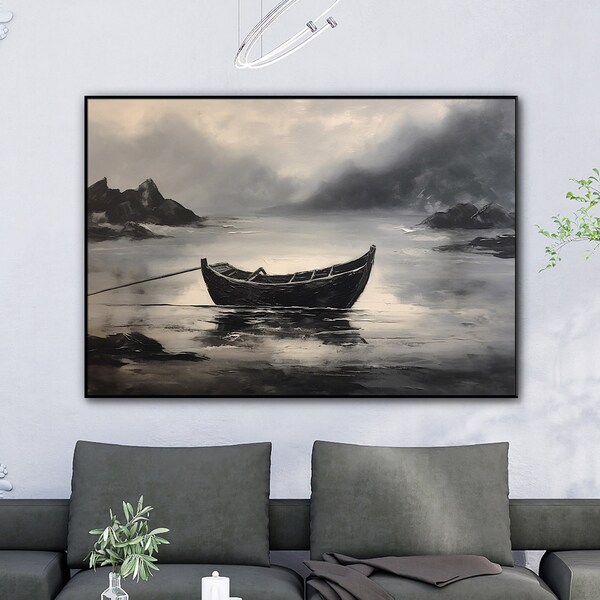 Bateau abandonné abstrait au milieu de la peinture à l’huile de la mer sombre sur toile, art abstrait sur toile riche, art mural de paysage marin acrylique, peinture personnalisée