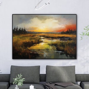 100% Abstract Scenic View On Rural River At Sunset Oil Painting On Canvas, Countryside Scenery Canvas Print, Suitable For Offices And Spaces