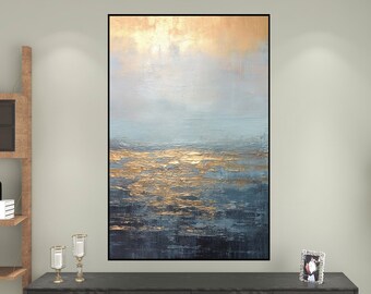 100% Original Large Blue Ocean Oil Painting On Canvas,Acrylic Seascape Wall Art,Modern Beach For Living,Gold Plated Sunset,Wall Art Decor