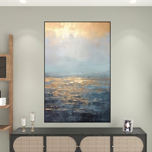 100% Original Large Blue Ocean Oil Painting On Canvas,Acrylic Seascape Wall Art,Modern Beach For Living,Gold Plated Sunset,Wall Art Decor