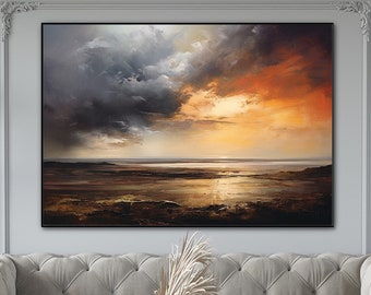 cloud and fog darkness Blue Ocean Oil Painting On Canvas,Acrylic Seascape Wall Art,Modern Beach For Living,Gold Plated Sunset,Wall Art Decor