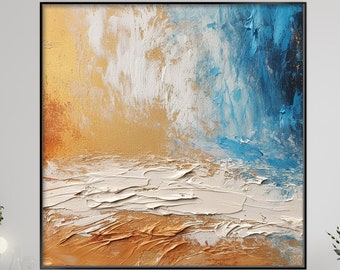 Peinture abstraite originale, oeuvre d'art murale texturée vue mer avec accents dorés, pièce décorative faite à la main, cadeau idéal pour amateur d'art et collectionneur