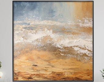 Peinture abstraite originale, oeuvre d'art murale texturée vue mer avec accents dorés, pièce décorative faite à la main, cadeau idéal pour amateur d'art et collectionneur