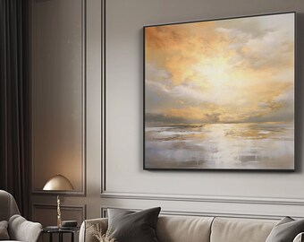 Sunset White With Ocean,Acrylic Seascape Wall Art, Gold Plated Sunset,Acrylic Abstract Oil Painting,Wall Decor Living Room, Office Wall Art