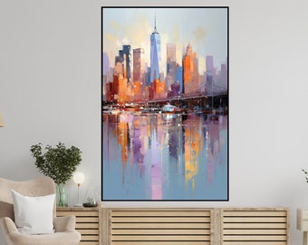 100%Abstract Colorful New York City View,Vibrant Colorful Office Wall Art,Ideal For Modern Home Decor And Gifts,Textured City View Wall Art