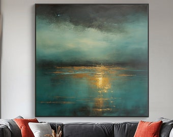 Sunset Ocean Painted On Canvas,Acrylic Seascape Wall Art,vContemporary Art, Acrylic Abstract Oil Painting,vWall Decor Living Room,Hand Drawn
