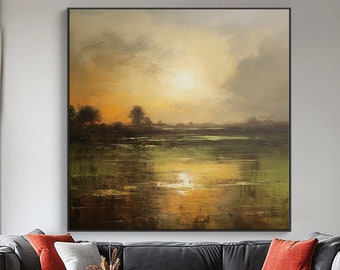 Sonnenuntergang grün mit Ozean, moderner Strand zum Wohnen, strukturierte Malerei, abstraktes Acryl-Ölgemälde, Wanddekoration Wohnzimmer, Büro-Wandkunst