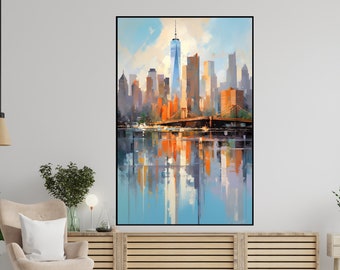 Vue sur la ville de New York colorée, 100 % abstraite, oeuvre d'art murale de bureau colorée et vibrante, idéale pour une décoration intérieure moderne et des cadeaux, oeuvre d'art murale texturée vue sur la ville