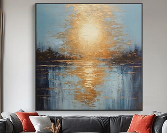 100% Sunset Blue With Ocean,Modern Beach For Living,Textured Painting, Acrylic Abstract Oil Painting,Wall Decor Living Room,Office Wall Art