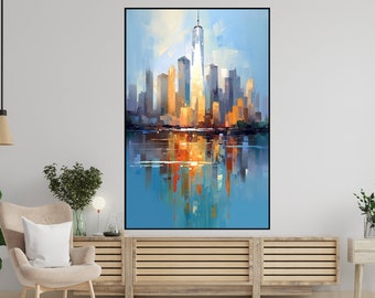 Vue sur la ville de New York colorée, 100 % abstraite, oeuvre d'art murale de bureau colorée et vibrante, idéale pour une décoration intérieure moderne et des cadeaux, oeuvre d'art murale texturée vue sur la ville