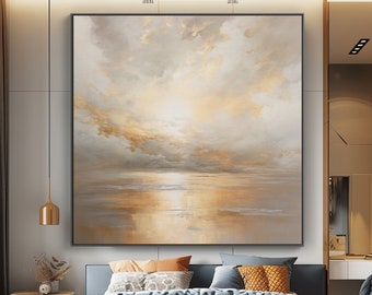 Sunset Ocean Painted On Canvas,Acrylic Seascape Wall Art, Contemporary Art, Acrylic Abstract Oil Painting,vWall Decor Living Room,Hand Drawn