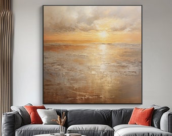 Abstract zonsondergang zeezicht olieverfschilderij op doek, zonsondergang met gouden lijnen, originele olieverf op doek, Wall Art Decor, handgekraste kunst aan de muur