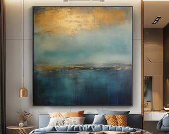 Sunset Blue With Ocean, Acrylic Seascape Wall Art,Gold Plated Sunset, Acrylic Abstract Oil Painting,Wall Decor Living Room, Office Wall Art