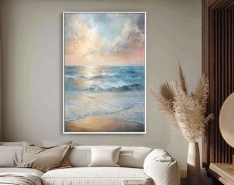 Sunset Ocean Painted On Canvas,Acrylic Seascape Wall Art, Contemporary Art, Acrylic Abstract Oil Painting,vWall Decor Living Room,Hand Drawn