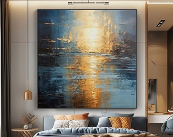 Sunset Ocean Painted On Canvas,Acrylic Seascape Wall Art, Contemporary Art, Acrylic Abstract Oil Painting,vWall Decor Living Room,Hand Drawn