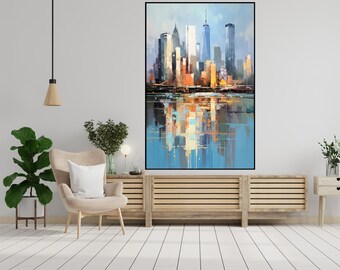 Vue sur la ville de New York colorée, 100 % abstraite, oeuvre d'art murale de bureau colorée et vibrante, idéale pour une décoration intérieure moderne et des cadeaux, oeuvre d'art murale texturée vue sur la ville