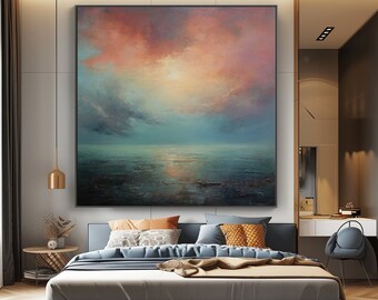 Sonnenuntergang blau mit Meer, Acryl-Meerblick-Wandkunst, vergoldeter Sonnenuntergang, abstraktes Ölgemälde, Wanddekor Wohnzimmer, Bürowandkunst