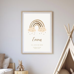 Personalisiertes Neugeborenen Poster Kinderzimmer Deko und Geburtsgeschenk mit Extras - Regenbogen fürs Babyzimmer
